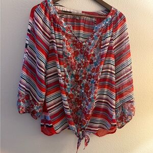 Figueróa & Flower - Floral Striped Women's Top - Red and Blue